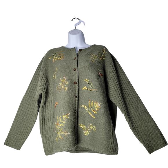 Vintage Y2K Susan Bristol 1W Green Wool Cardigan Embroidered Leaves 2000s Fall - Picture 1 of 8
